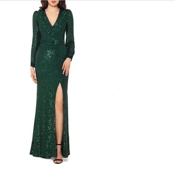 Xscape Women's Long Sleeve Plunging V-Neck Sequin Gown - Hunter - 8